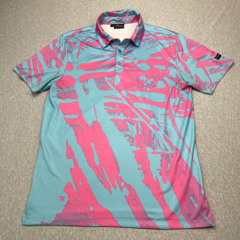 Yatta Golf Mens Performance Polo Shirt Pink Blue Abstract Print Size M